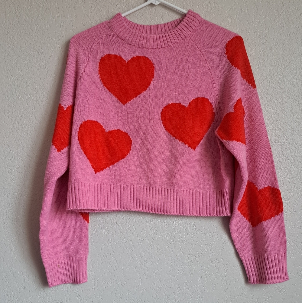 H&M Divided Pink Sweater with Red Hearts Sweater Size XS